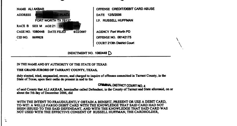 Ali Akbar Criminal Charges For Debit Card Fraud and Burglary of a Vehicle