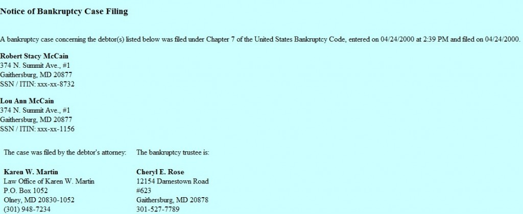 Robert Stacy McCain Bankruptcy Filing