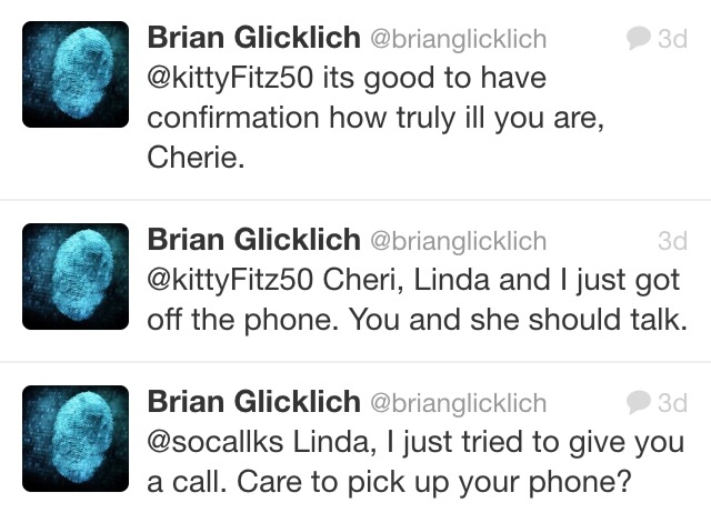Glicklich's tweets confirming that he called an activist at 2 AM