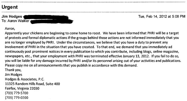 Jim Hodges Termination Letter to Aaron Walker