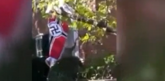 man flies Nazi flag