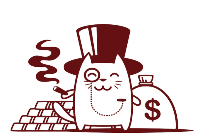 image of a cat banker with money bags and gold bars