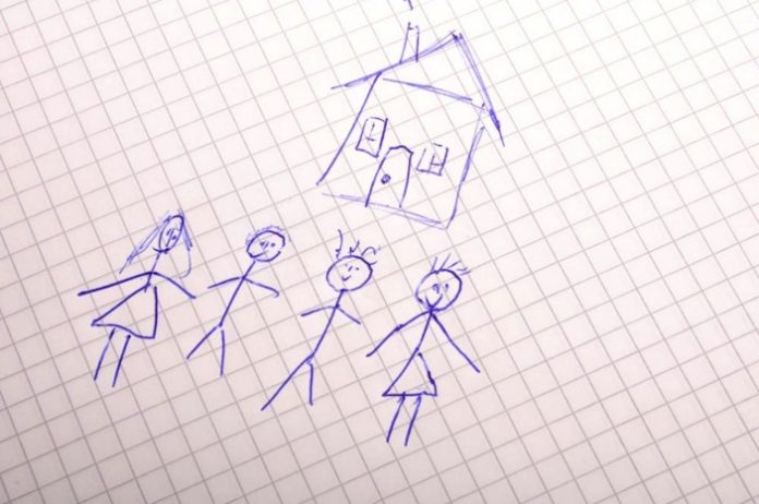 image of an ink drawing by a child of happy family with house